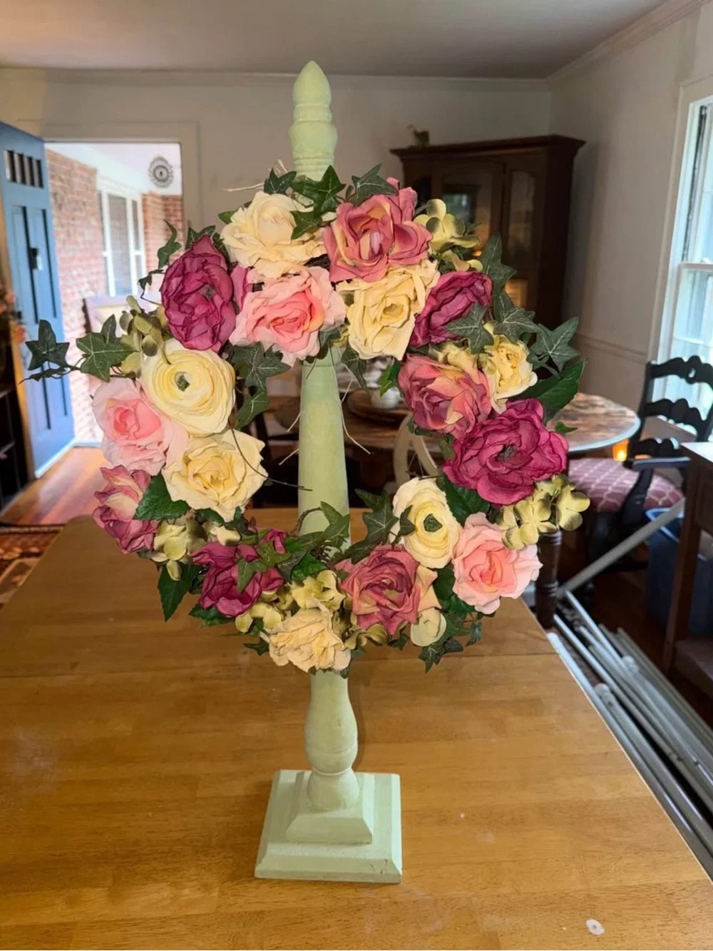 Floral Rose Wreath on Stand - Pink & Cream Home Accent